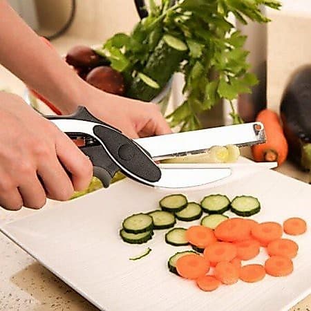Tesoura Fatiador De Legumes Cortador 2 Em 1 Clever Cutter Tábua De Corte Lâmina Inox Afiada Culinária Alimentos Cozinha Vegetais Multifuncional