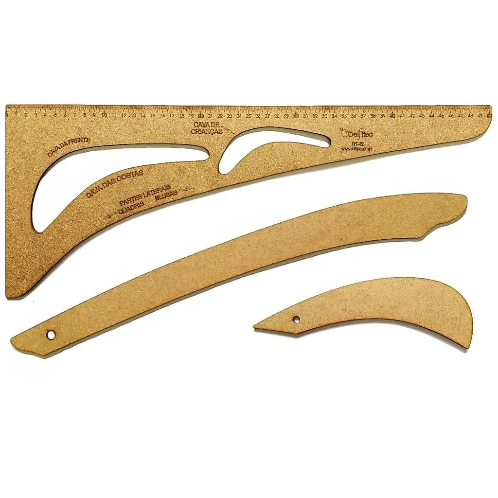 Kit Regua Conjunto Costura Profissional Modelista E2 Com 3Pçs MDF