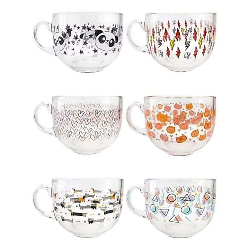 Jogo 6 Xícara  caneca Estampas decoradas Vidro