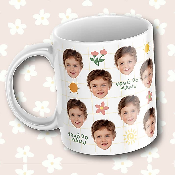 Caneca personalizada - rostinho + palavra - Florzinhas