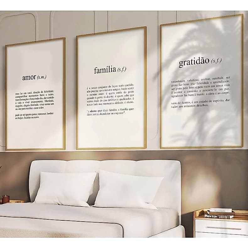Kit 3 Peças Quadro Decorativo Família Amor E Gratidão Frases Motivacionais Família União Sala Quarto