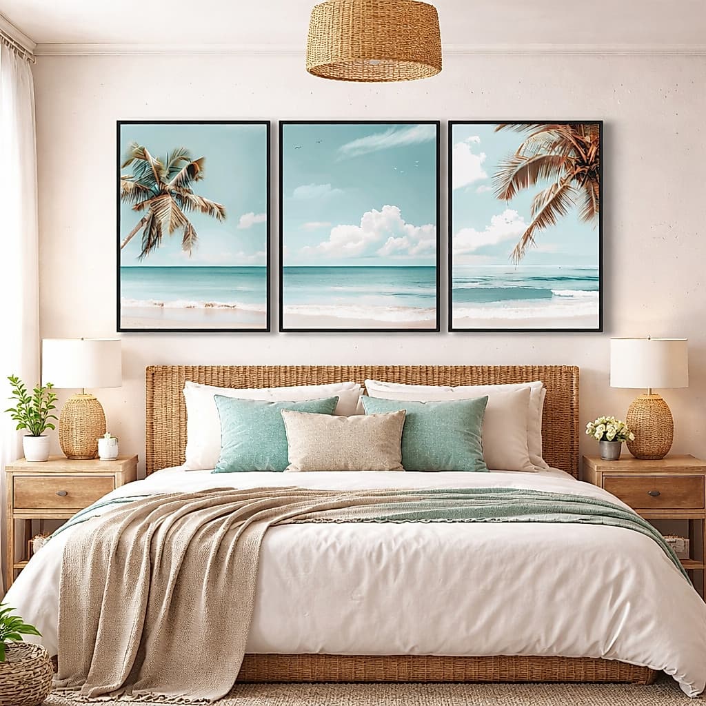 Quadro Decorativo Tropical Paisagem Praiana Mar e  Coqueiros Elegante Natureza Leve Minimalista