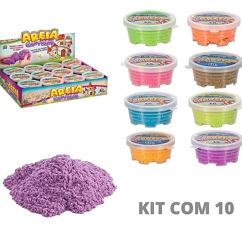 Kit 10 Massinhas De Areia Cinética Com Forminha Pote 60 Gr + 10 forminhas