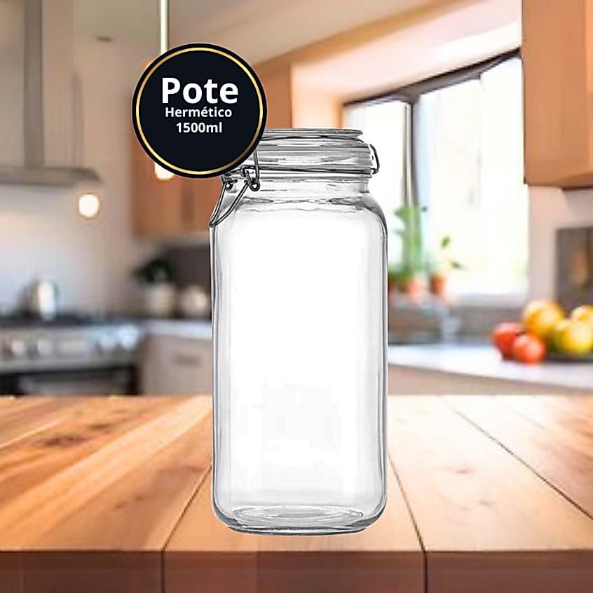 Pote  De Vidro Avulso  ou Kit Premium 1500ml Hermético Com Trava De Inox