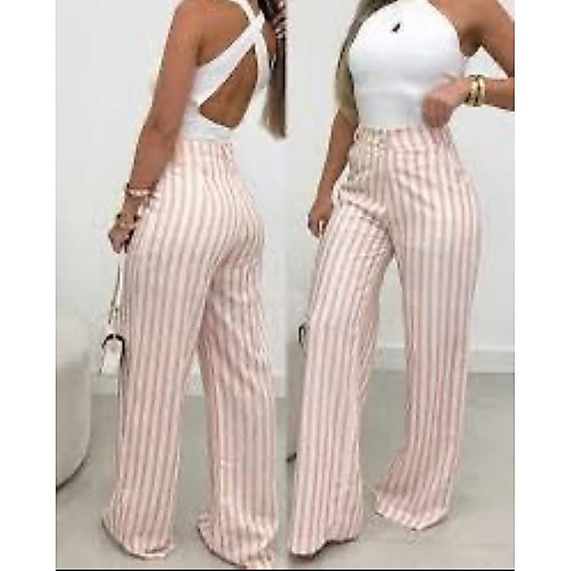 Calça Pantalona Listrada Feminina Com Bolso Frontal Elegante