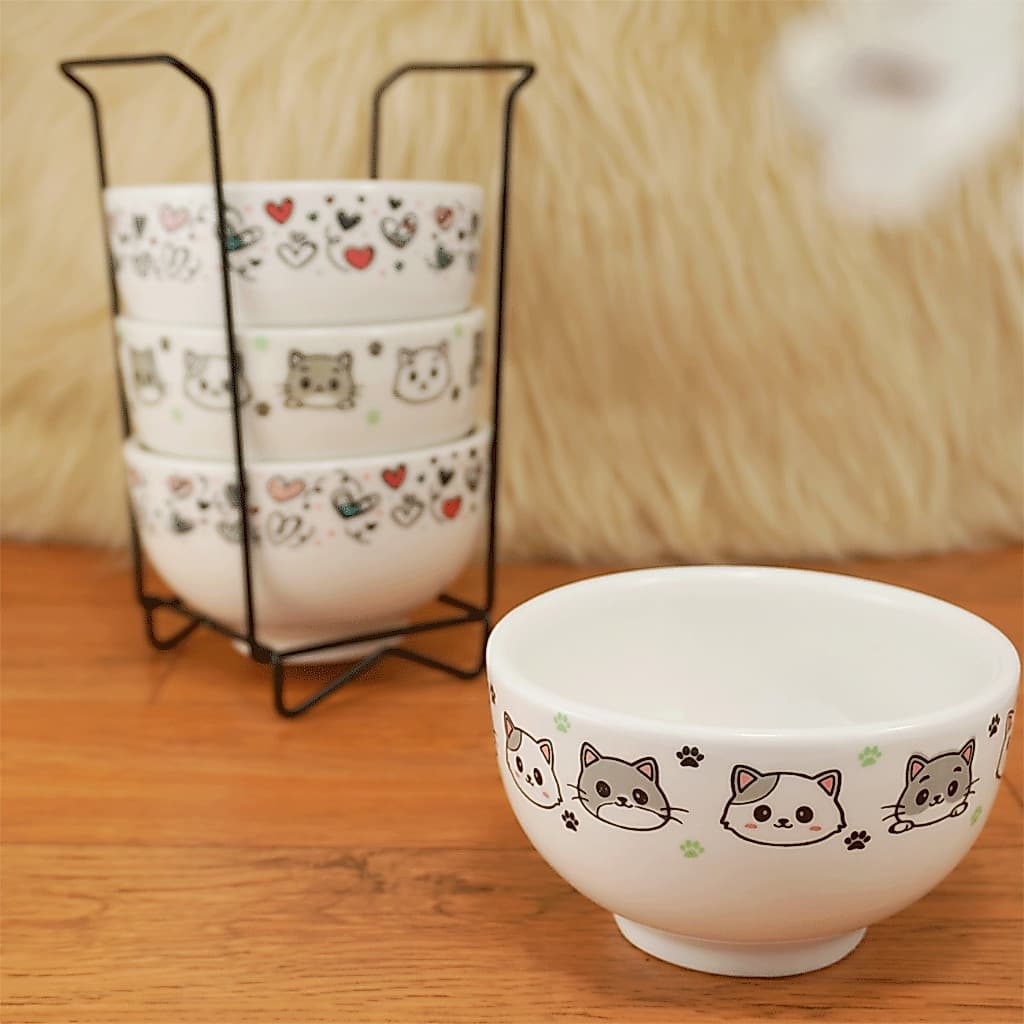 Kit Jogo 4 Tigelas Cumbuca Bowl Sopa Açaí Porcelana 350ml Decorada Pet + Suporte Metálico