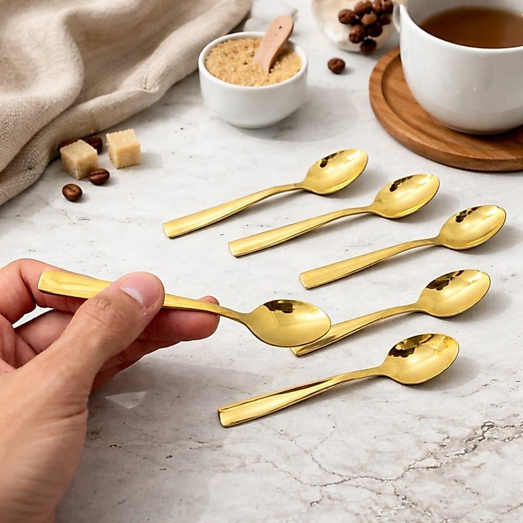 Kit 6 ou 12 Talheres 11cm Colher de Sobremesa Aço Inox Dourado Para Chá