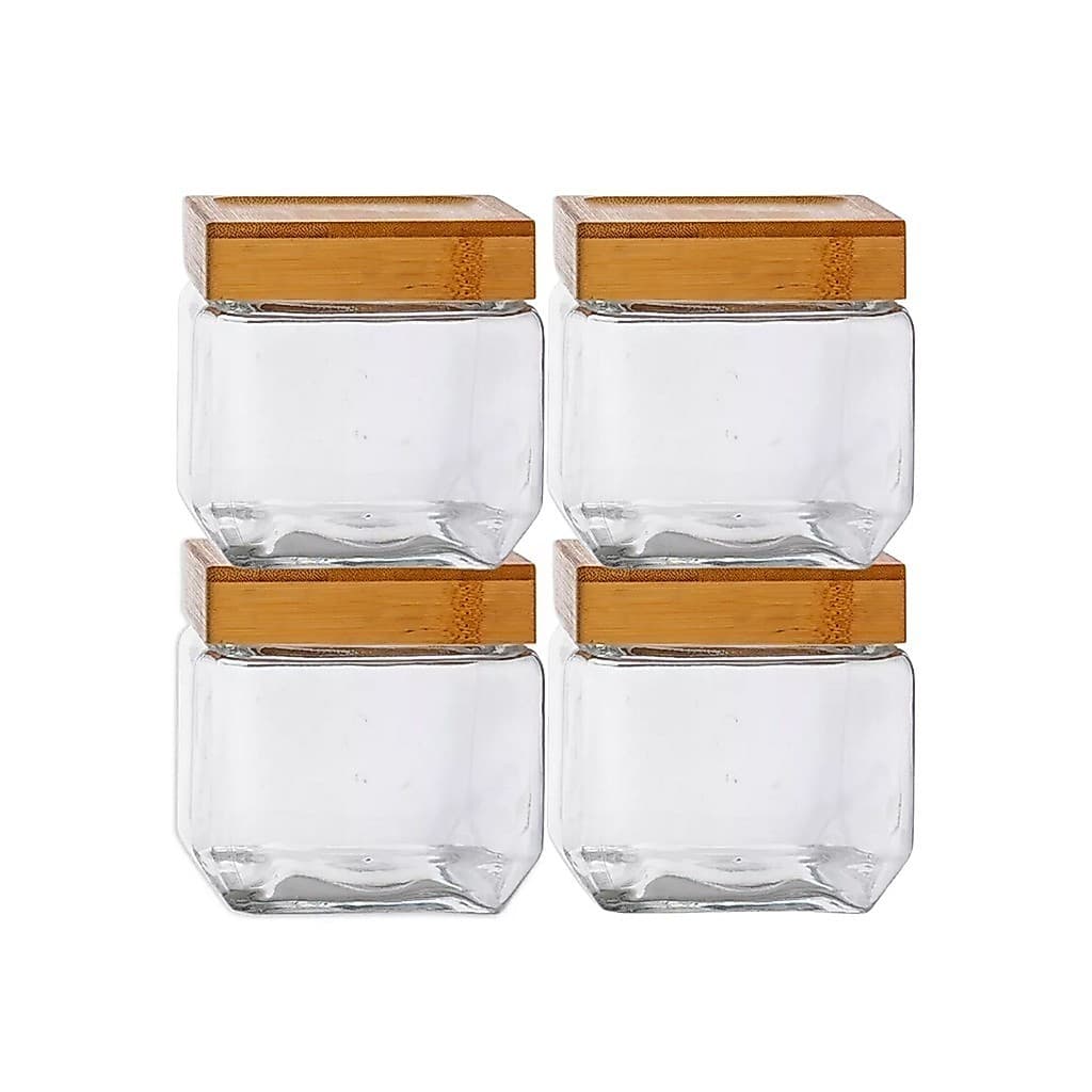 Kit 4 Pote Hermético Quadrado Tampa Bambu Design Sofisticado Mantimentos Multiuso 880ml