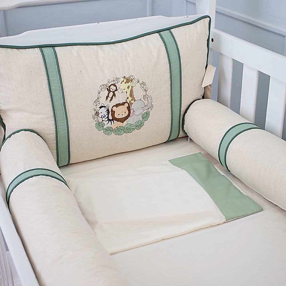 Kit Berço Luxo Linho Americano Bordado Safari Verde  Bichinhos Enxoval de Bebê 100% Algodão Menino