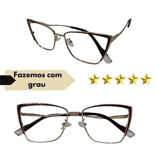 Óculos Completo Armação Metal Feminino Gatinho Dourado Com Lentes Em Anti Reflexo Com Seu Grau