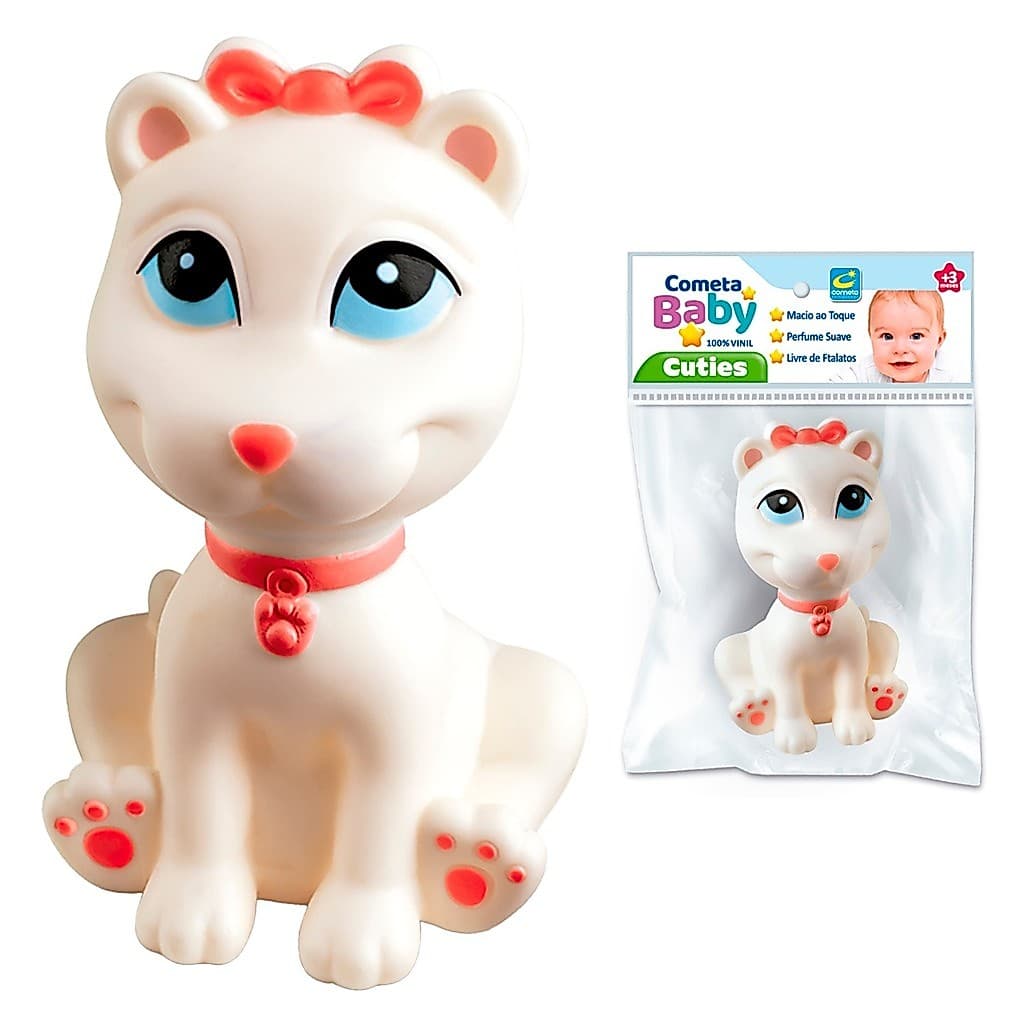 Mordedor Bebê 3 Meses Gatinha Brinquedo Sensorial Massageador Vinil Macio Animais Bichinhos Branco
