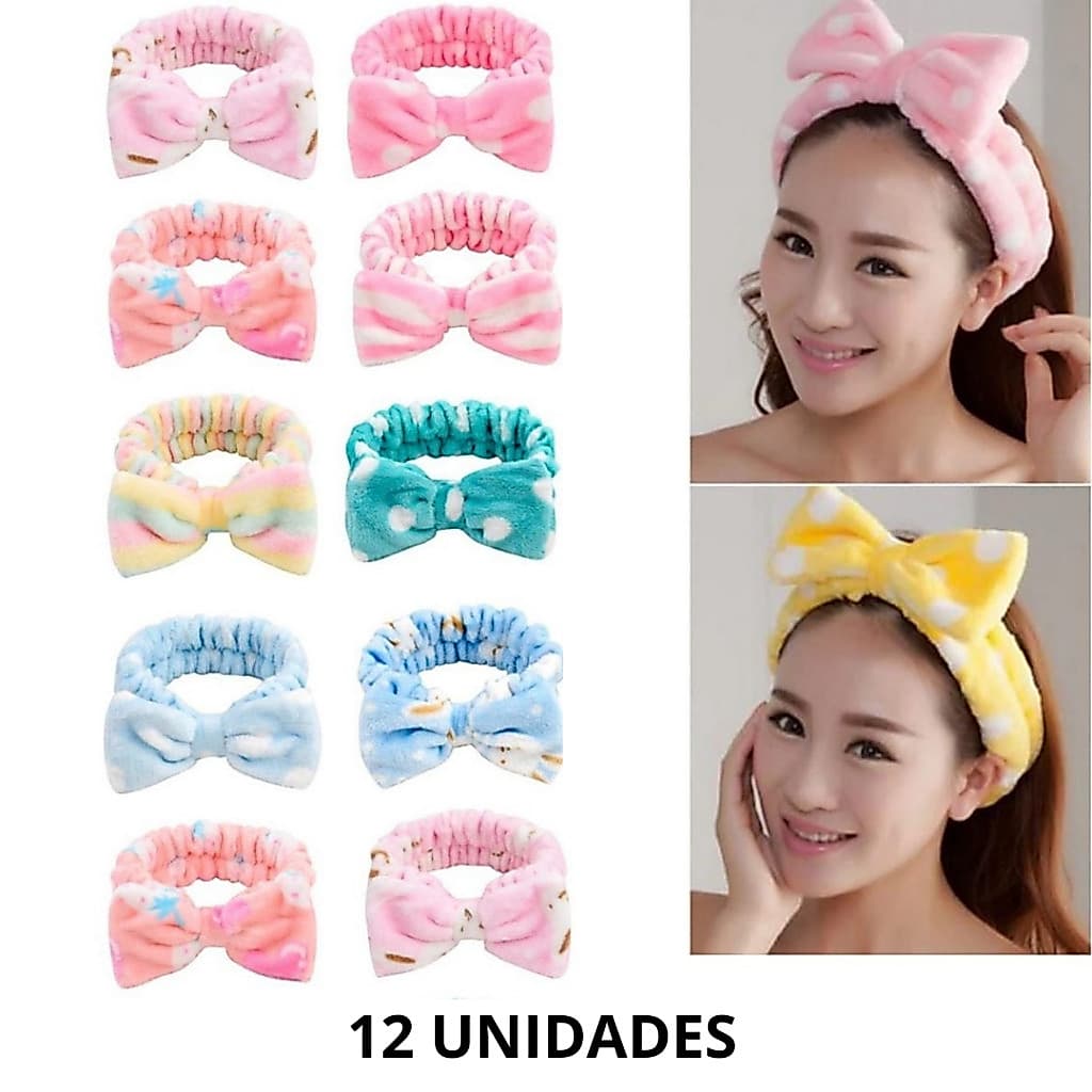 Kit - 12 Faixas de Cabelo Laço/Toalha/Maquiagem- Estampada