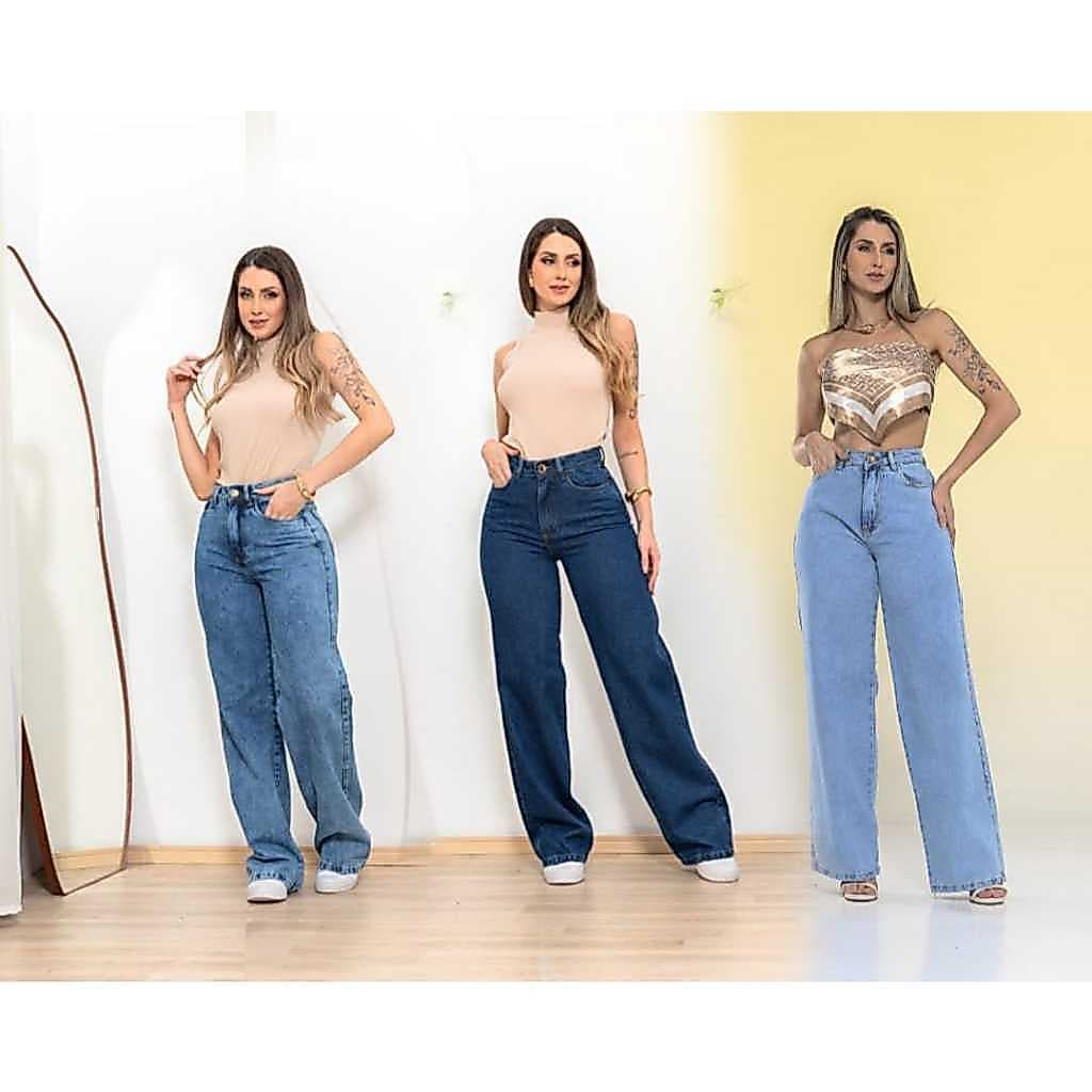 Calça Wide Leg  Pantalona Jeans Feminino Cintura Alta Linha Premium
