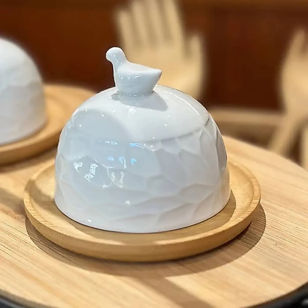 Mini Queijeira Porta Queijo Porcelana Com Prato Bambu Branco Oásis 10cm Hauskraft