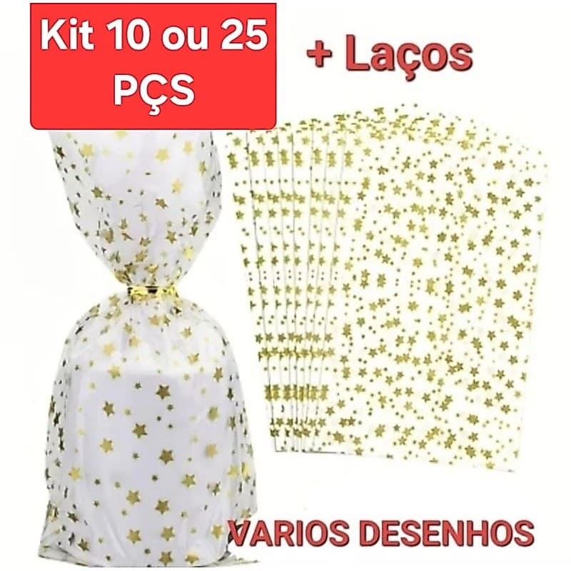 10 ou 25 Sacos Celofane 25x37cm + Laços - Estrelas Douradas