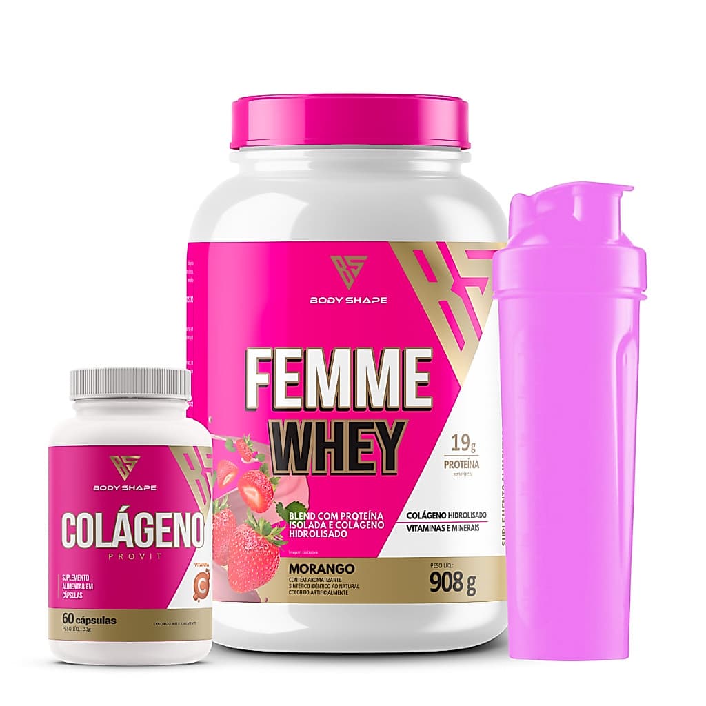 Kit Whey Protein Feminino Pote 908g  + Colágeno + Coqueteleira - Body Shape