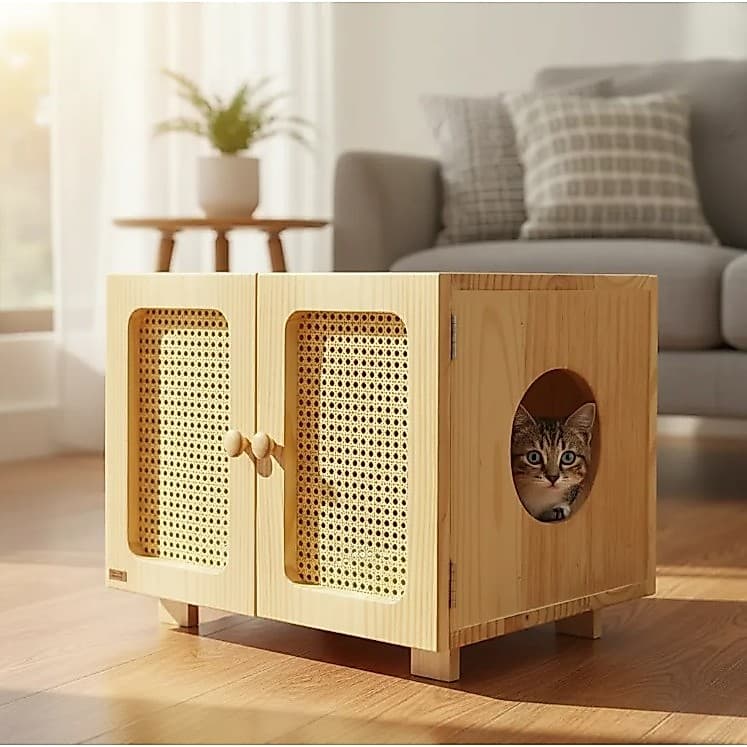 Banheiro Grande em Rattan para gatos - Acompanha caixa de areia