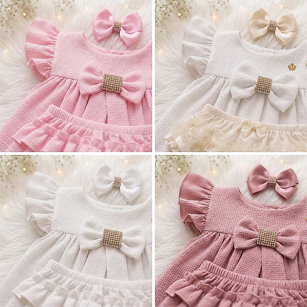 Kit Vestido Bebê Luxo Festa Menina Com Calcinha Bunda Rica E Laço Cabelo Mêsversário Aniversário Batizado