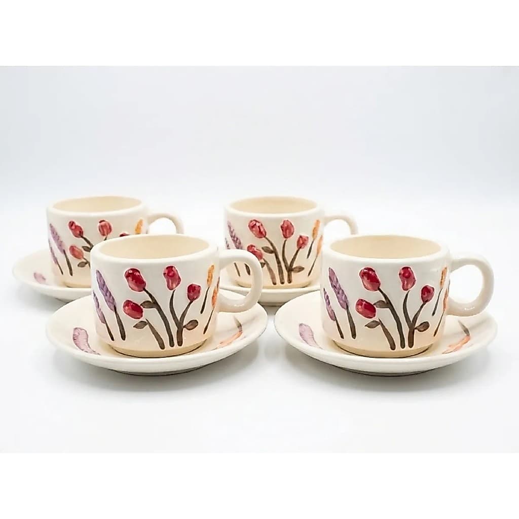 Jogo de xícara de chá decorado com flores cerâmica 8 peças 4 xícaras 4 pires conjunto kit caneca estampada flor branca