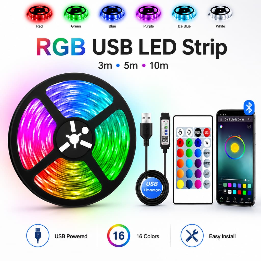 Fita LED RGB USB 3m 5m 10m SMD5050 IP65 com Controle Remoto ou Bluetooth para TV Quarto PC Decoração