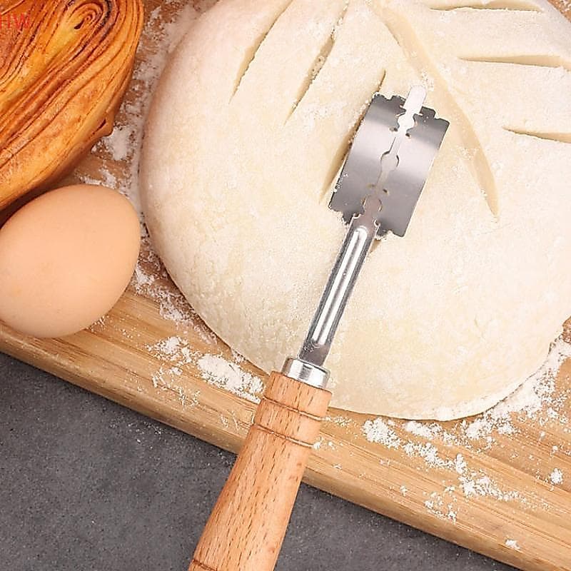 Conjunto de cortador de pão europeu, punho de madeira maciça com lâmina, faca de massa de pão europeia artesanal