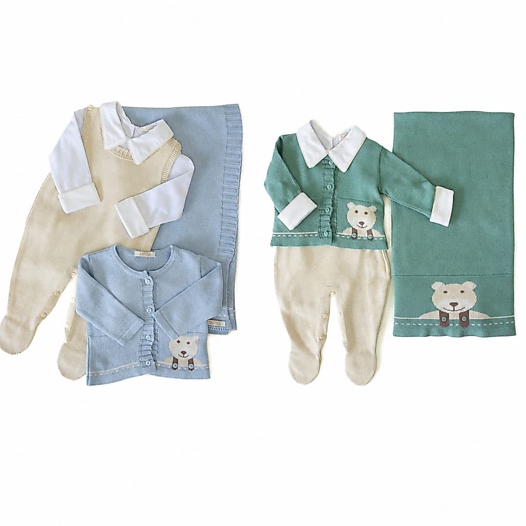Saída De Maternidade Bebê Pequeno Urso Azul e Verde Conjunto Recém Nascido Confortável Delicado