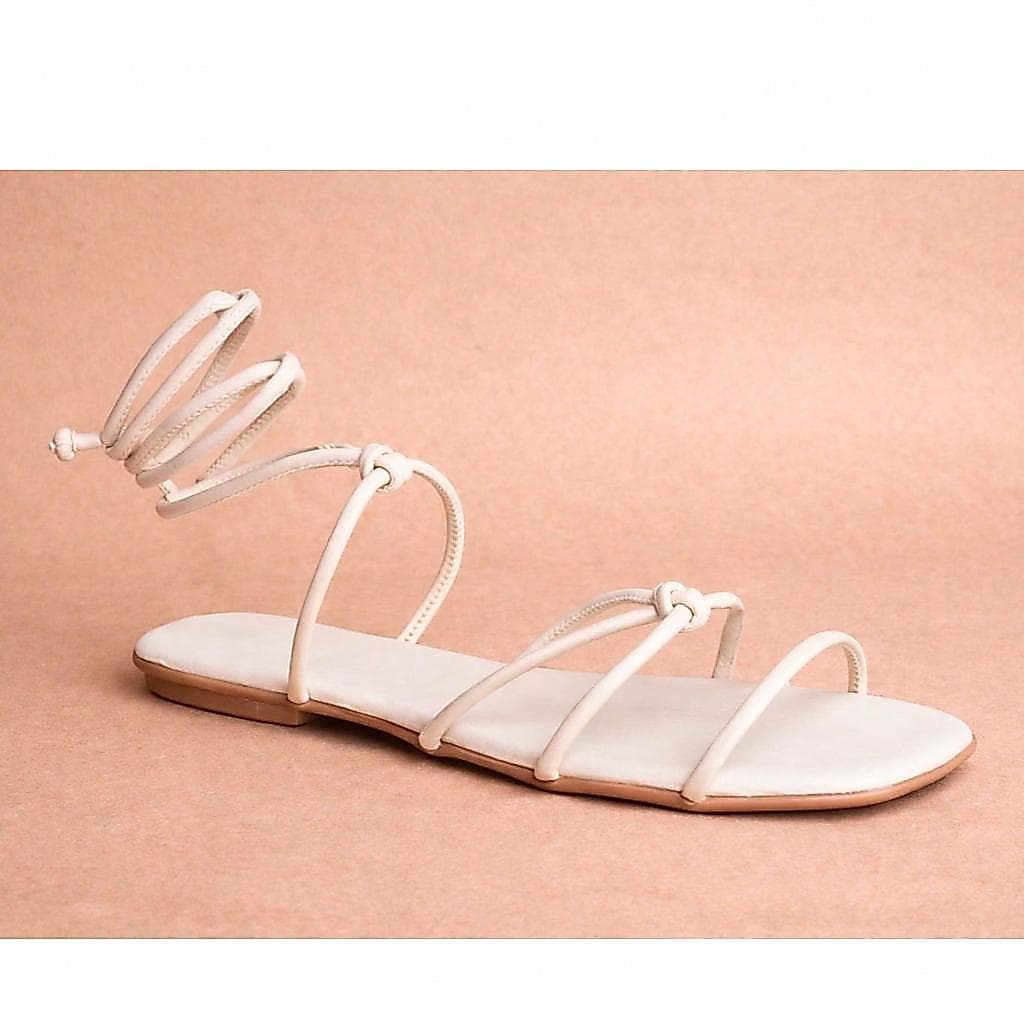 Sandália Feminina Rasteira Tiras Finas Amarração na Perna Bico Quadrado Elegante Casual Confortável