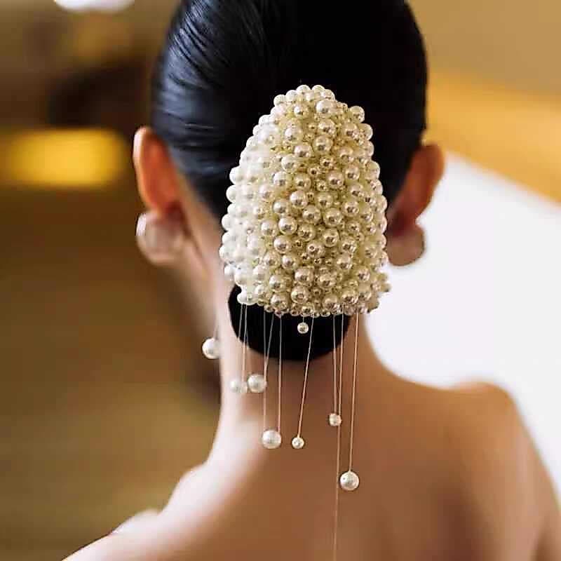 [Estoque pronto] Grampo de cabelo francês retrô imitação de pérola borla temperamento elegante cabeça traseira acessório