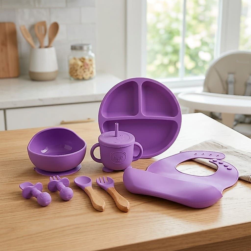 Prato de Silicone Bebê Promocional Alimentação Infantil 8 Peças Ventosa Babador