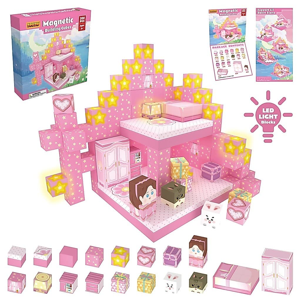Conjunto De Blocos De Construção De Casa De Sonho De Camada Dupla Rosa Fofo De 200 Peças Com 3 Brilhantes De LED Embutid