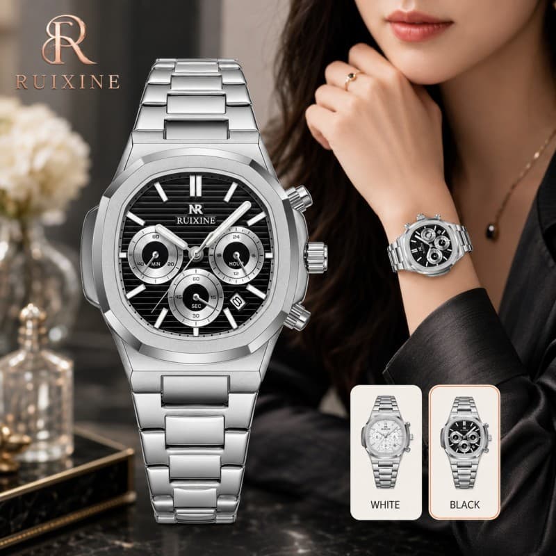 Relógio Masculino RUIXINE R-9736 Cronógrafo Quartzo Luxo Aço Inoxidável Esportivo Social Data Pulseira de Metal Resisten