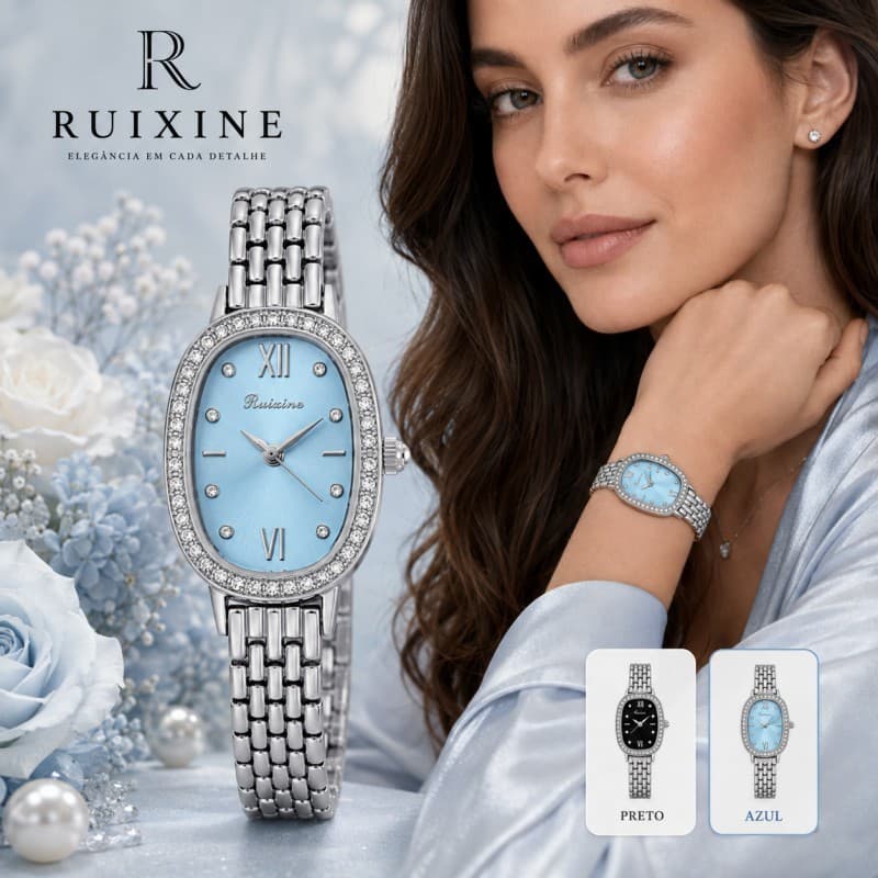 Relógio Feminino Elegante Luxo RUIXINE Quartzo Analógico Cristal Safira Pulseira Aço Inox Presente Mulher