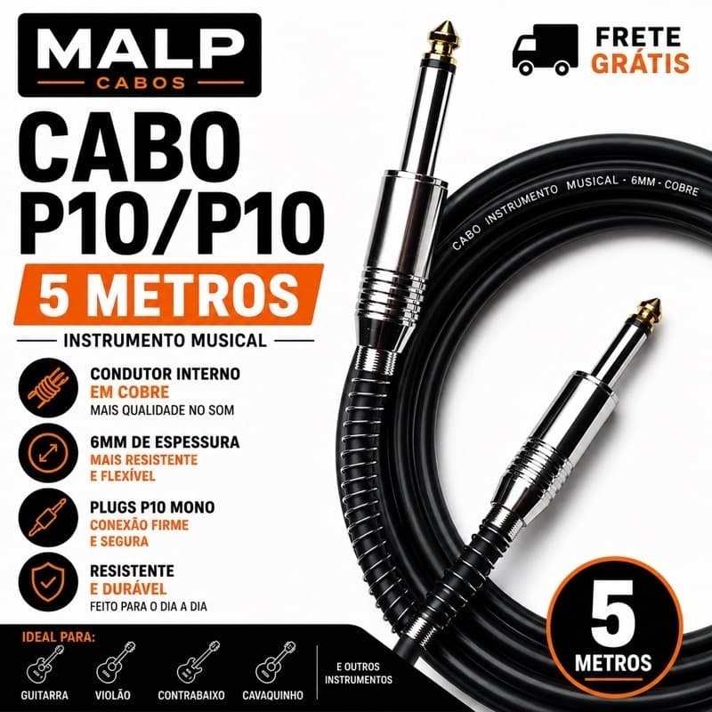 Cabo P10 P10 5 Metros 6mm Cobre Instrumento Musical