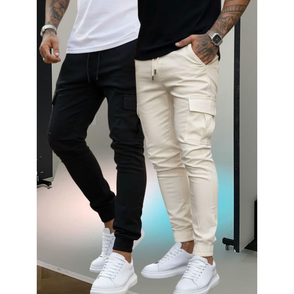 Kit 2 Calça Jogger Cargo Masculina Bolso Tendencia Street Elástico Cintura Barra