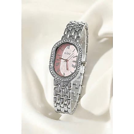 Relógio Disu Femenino Oval com Strass, Mostrador Rosa e Pulseira Prata Elegante com Movimento Quartzo com Numeros romano