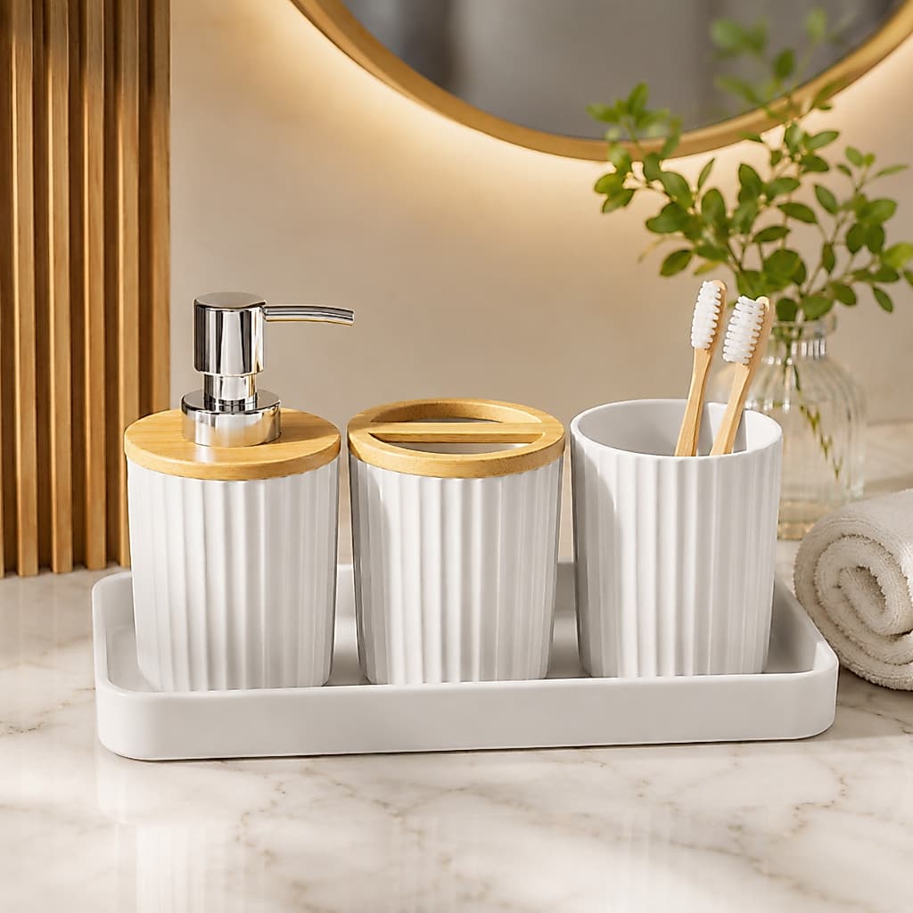 Kit Banheiro 4 Peças Branco com Bambu Luxo Porta Escova, Dispenser, Suporte, Sabonete Acessórios Modernos