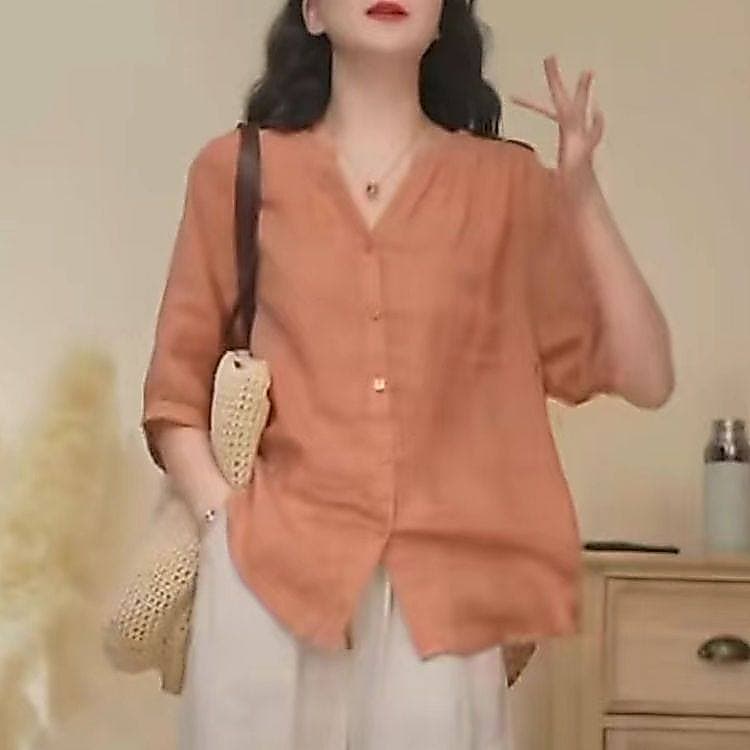Solto tamanho grande topo verão estilo minimalista cor sólida com decote em V sarja Ramie camisa feminina meia manga est