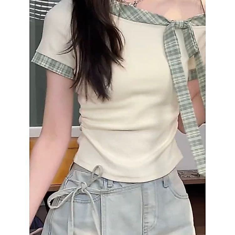 2026 verão nicho estilo coreano doce estilo listrado manga curta camiseta feminina verão arco sem alças Casual topo ins