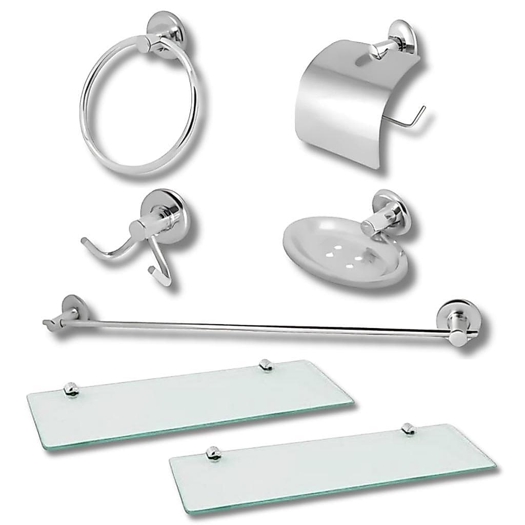 Kit Combo Acessório Para Banheiro 7 Peças Porta Shampoo Reto Vidro Prateleira