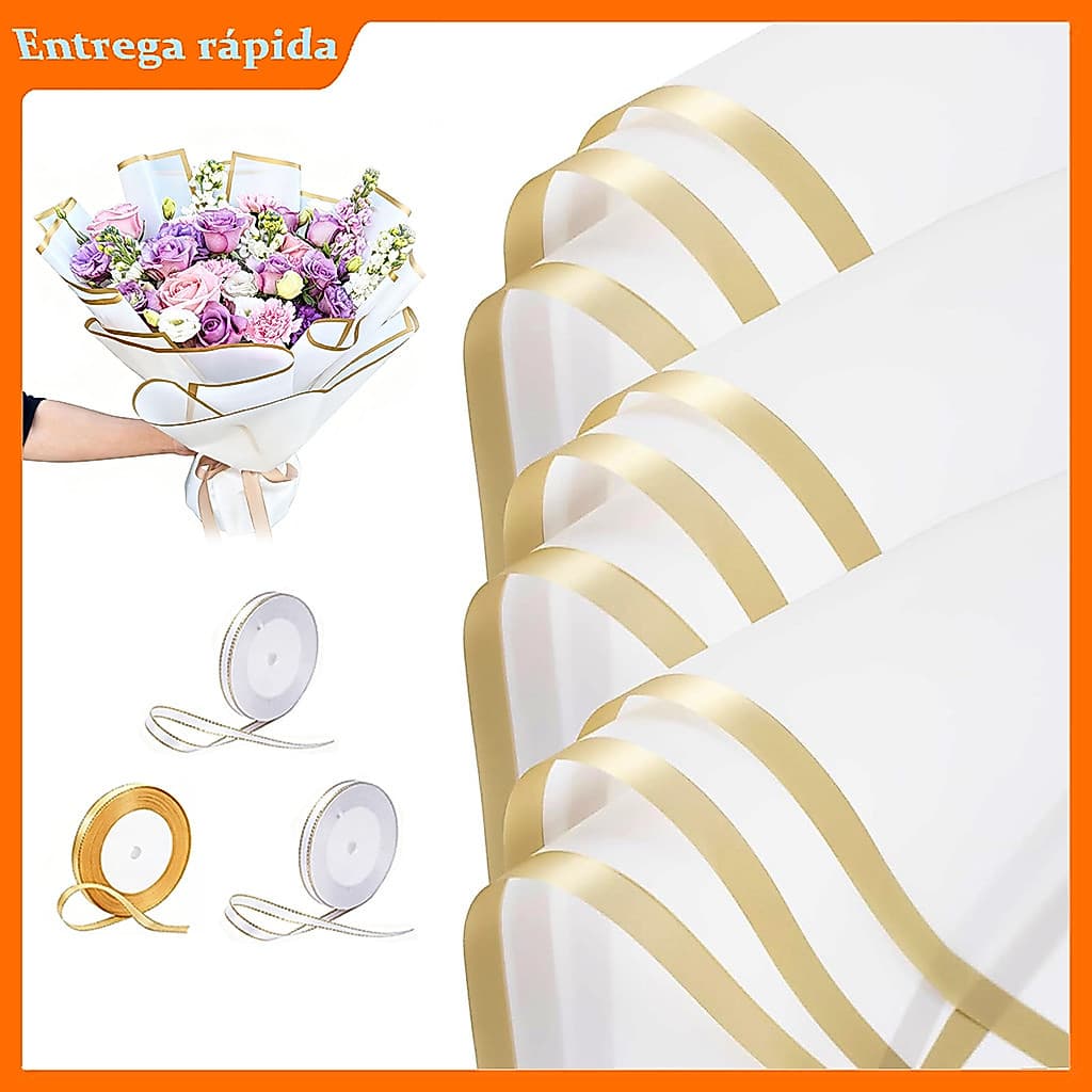 Kit Papel para Buquê 40 Folhas 57x57cm + 3 Fitas Douradas, Embalagem de Flores para Presente e Festa