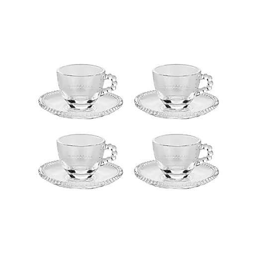 Conj. 4 Xícaras de Café c/ Pires Bolinhas Pearl Transparente 80ml Wolff