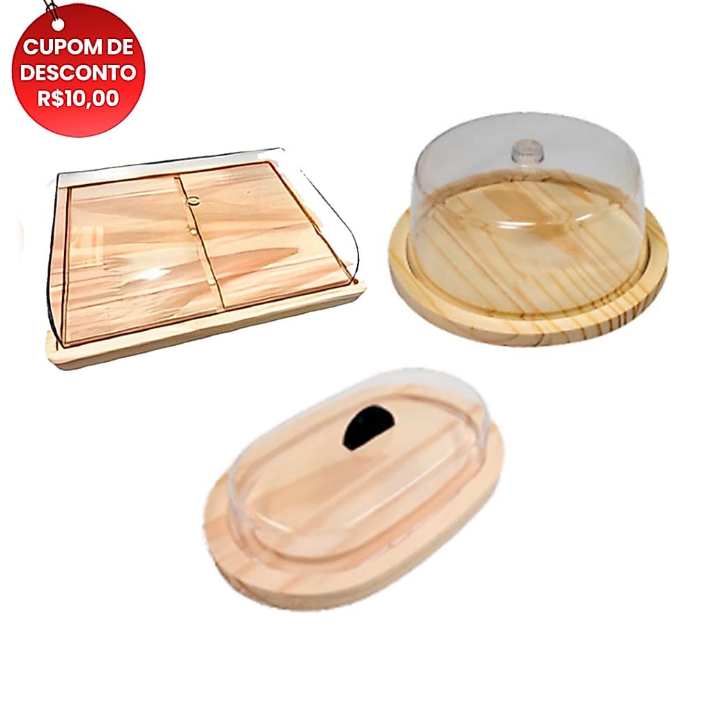 OFERTA 9.9 KIT 3pçs Café Manhã, Porta Frios Médio (21X16,5CM), Manteigueira e Boleira de Madeira Natural Cozinh