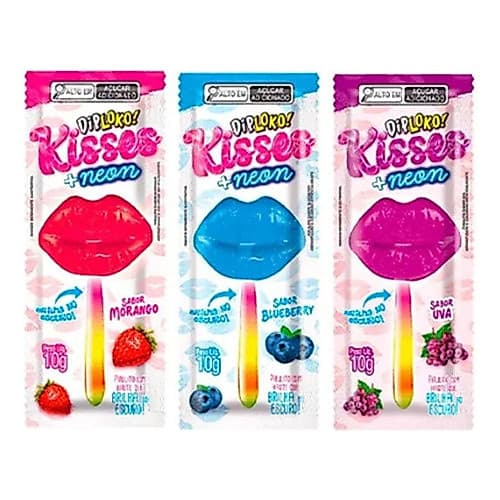 Pirulito Dip Loko Kisses + Neon 30un De 10g Brilha No Escuro