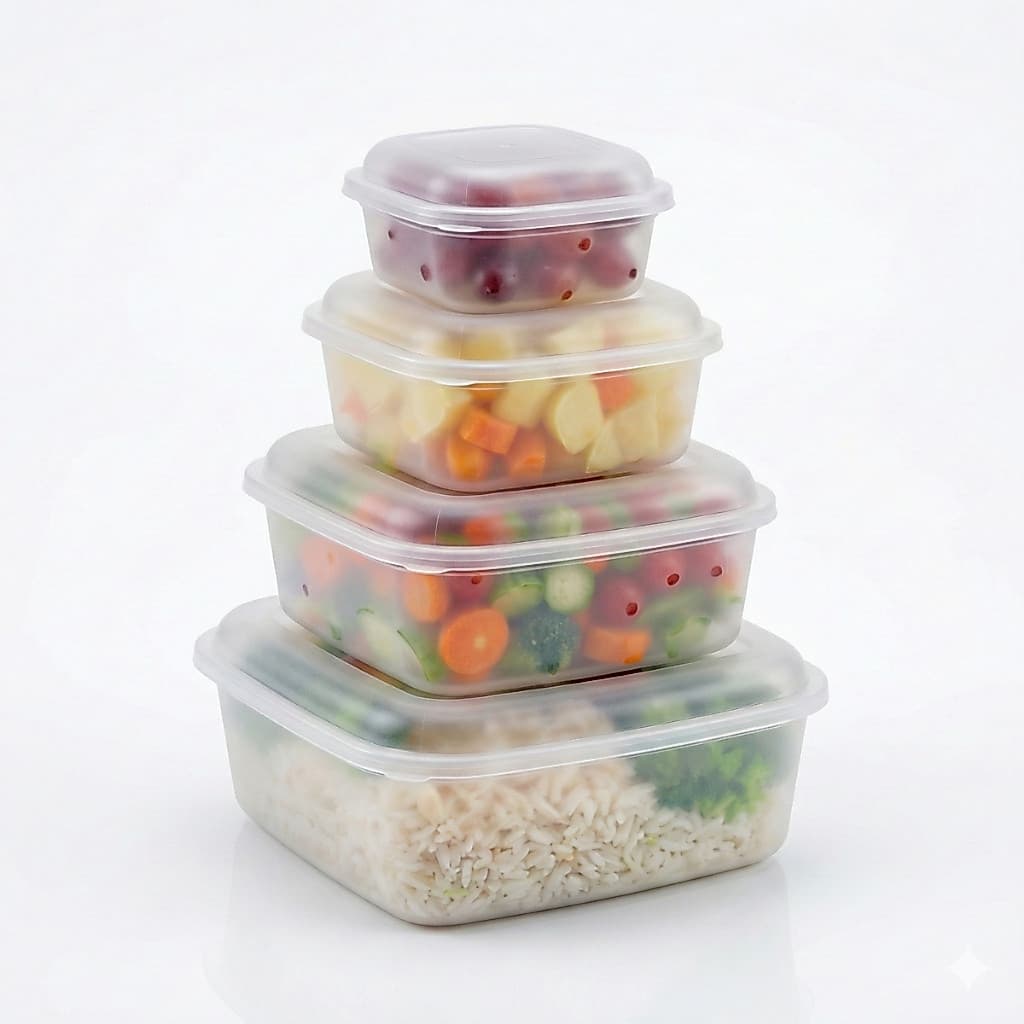 Kit 4 Potes Plástico 200ml 400ml 800ml e 1,5L Organizador Quadrados Mantimentos Marmita Freezer