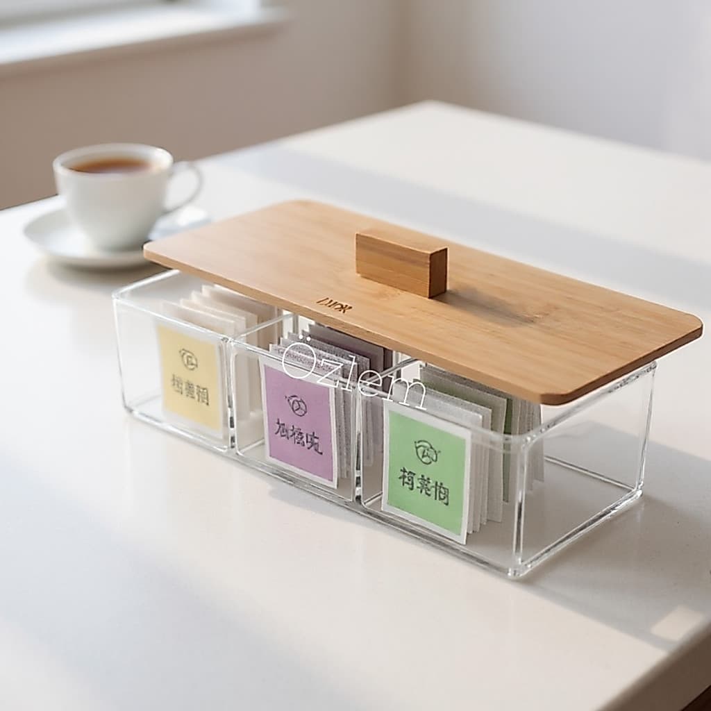 Caixa Organizadora Acrílico Porta Chá Bijoux Joia Saches de Chá Maquiagem Capsulas Tampa de Bambu