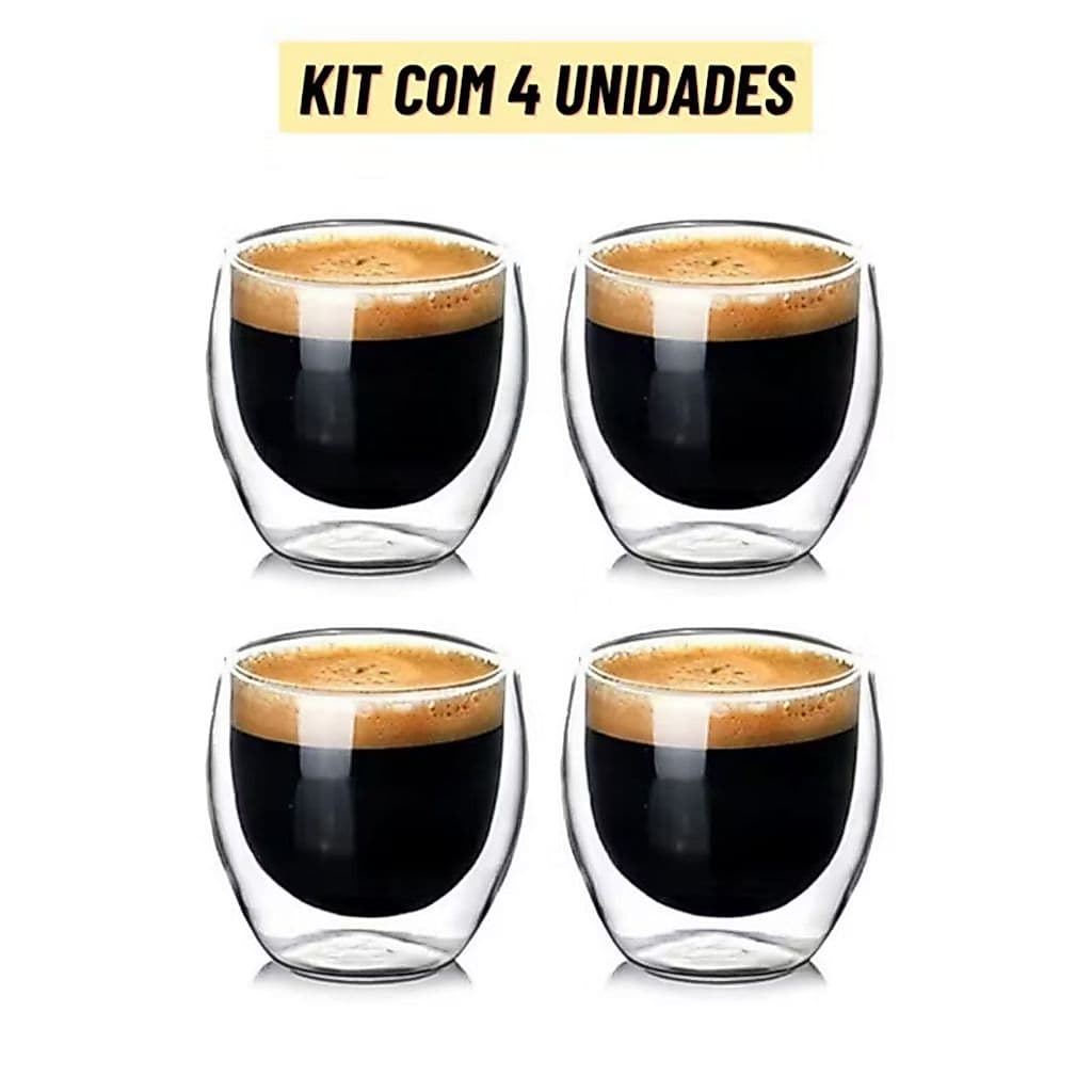 Kit 4 Copos de Vidro Parede Dupla 80ml e 150ml para Café Espresso Chá