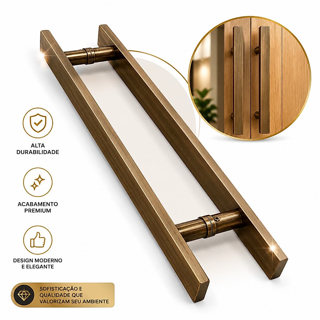 Puxador H Alumínio Bronze Barra Chata 60cm Entre Furos 40cm Porta Madeira - Fast Vidros