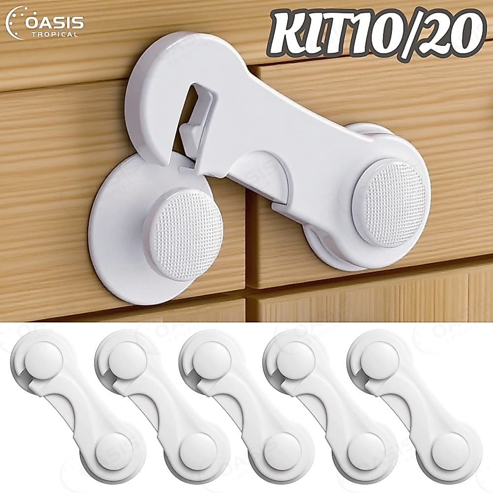 KIT 20/10 Trava De Gaveta Armário Porta Segurança Proteção Bebe Kit Trava Protetor Bebe Criança Adesivo 3M