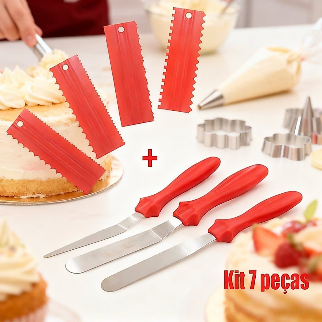 Kit 7 Espátulas Decorativas Profissional Para Bolo Cobertura Creme Recheio Chantily