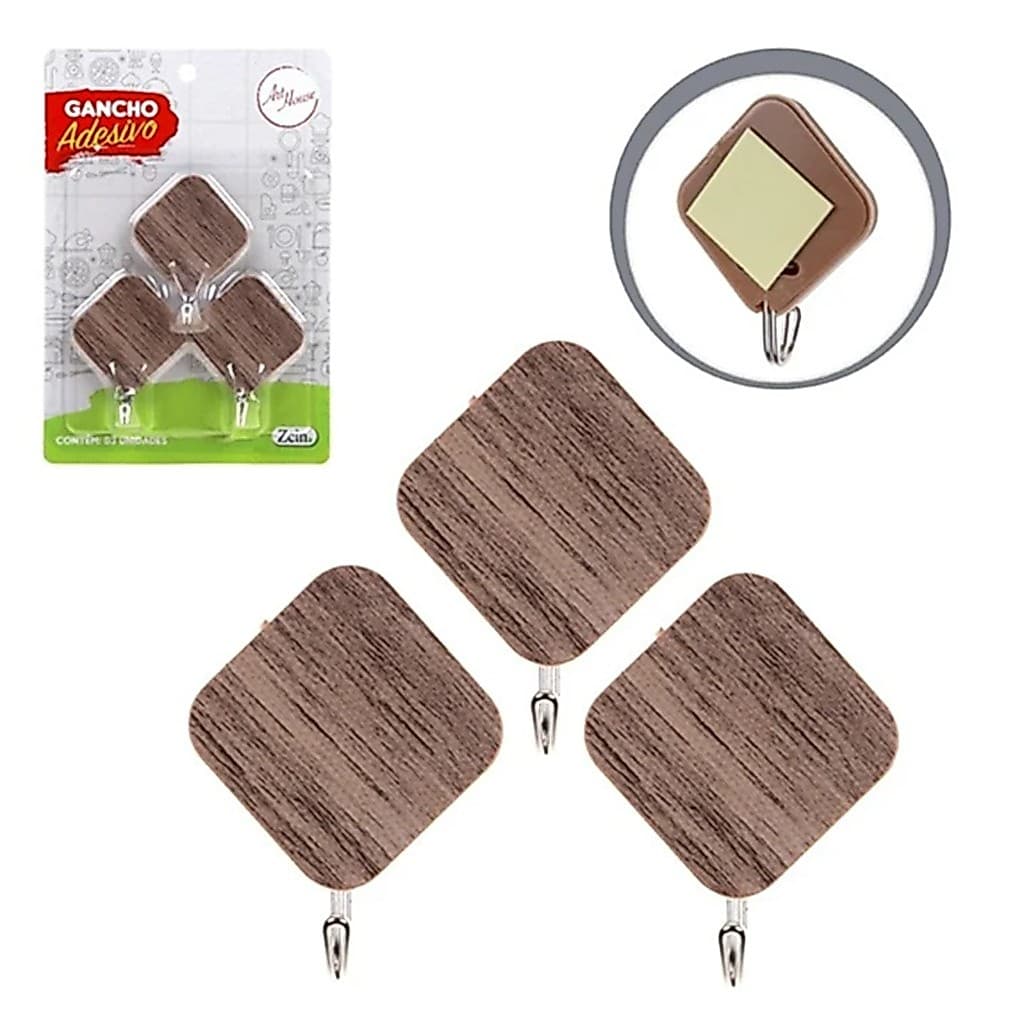 Kit 3 Ganchos Adesivos Wood Losang Não Danifica a Parede